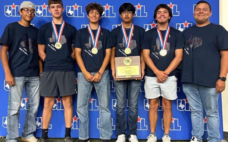 Lometa's state champion Current Events team included, from left to right, Ulises Prado, Carson Brister, Ivan Oliver, Javier Caso, Jordan Livesay and coach Alex Torres. Livesay and Oliver placed fifth and sixth, respectively, as individuals. Courtesy photo