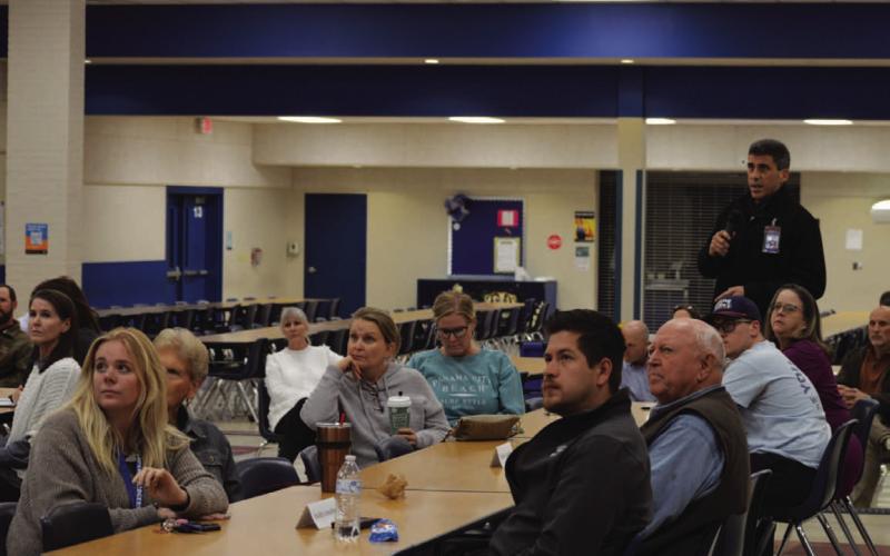 ERICK MITCHELL | DISPATCH RECORD LISD Facilities Planning Committee members look on as Superintendent Dr. Chane Rascoe presents possible bond propositions that included a new middle school campus and multi-purpose facility during Monday’s committee meeting.
