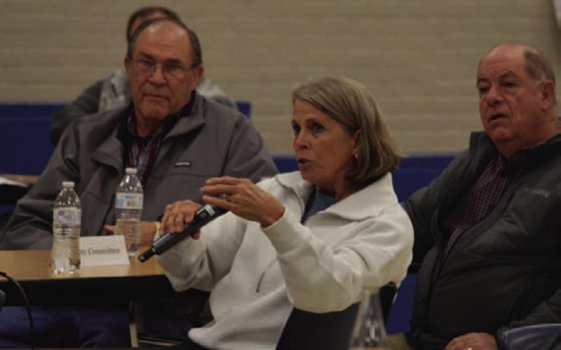At center, Facilities Planning Committee member Nancy Yeary provides remarks on the need for more locker room space at LHS. ERICK MITCHELL | DISPATCH RECORD