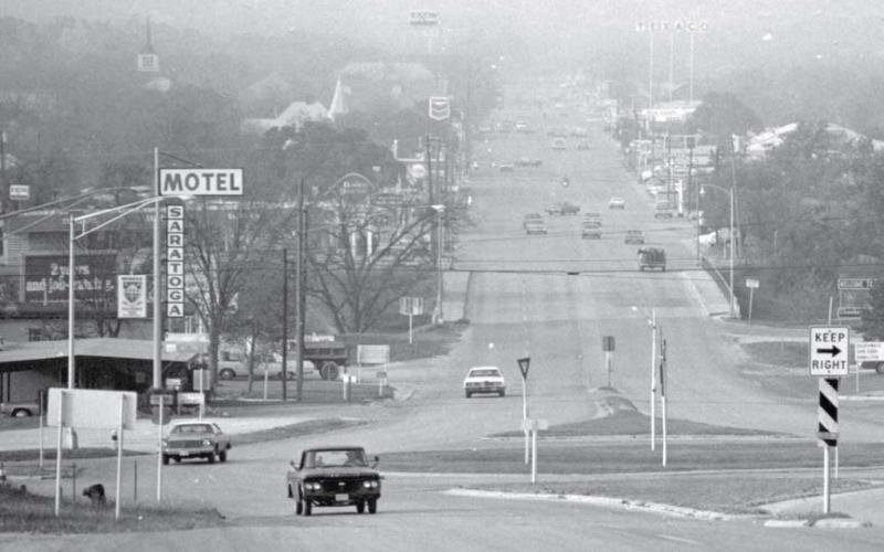 The traffic circle on South Key is shown a foggy day. Lampasas Dispatch Record, November 1974.