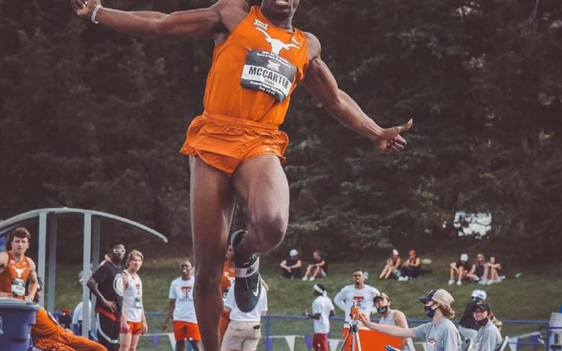 Former Badger Steffin McCarter (Class of 2015) won the Big 12 Outdoor championship in long jump, competing for the Texas Longhorns. UNIVERSITY OF TEXAS ATHLETICS
