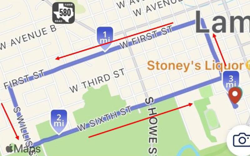 New race routes will be used this year. The 5K path will go from the starting site at Lampasas Middle School north to First Street, then head down Willis Street and return along West Sixth Street. COURTESY MAP