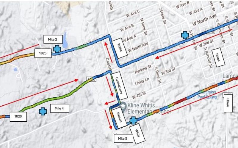 Registration for the Toughest 10K in Texas, the 5K and onemile run will take place at Bozarth-Fowler Gym, next to the middle school campus. The 10K route, shown at right, will head west along First Street, jog over a few blocks to West Avenue B (County Road 1025, and then loop back on CR 1020 before using Willis and West Sixth streets to finish up. COURTESY MAP