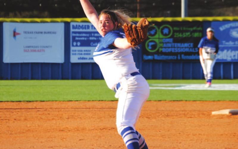 Caitlyn Sanguinet winds to pitch in the first inning of the Gatesville game. She gave up only two runs in her complete-game outing. HUNTER KING | DISPATCH RECORD