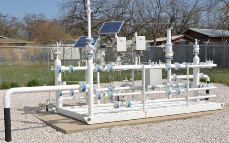 The Lampasas City Council approved a 45-day hold on a rate increase proposed by Atmos Energy. Shown here is Atmos Energy infrastructure at the corner of First and Willis streets. MONIQUE BRAND | DISPATCH RECORD