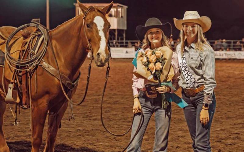 Breck McCoury, left, was crowned 2024 Diamondback Jubilee Rodeo Queen on Saturday evening. She is pictured here with 2023 Diamondback Jubilee Rodeo Queen Jarah Wootton. courtesy photo | candace pauly