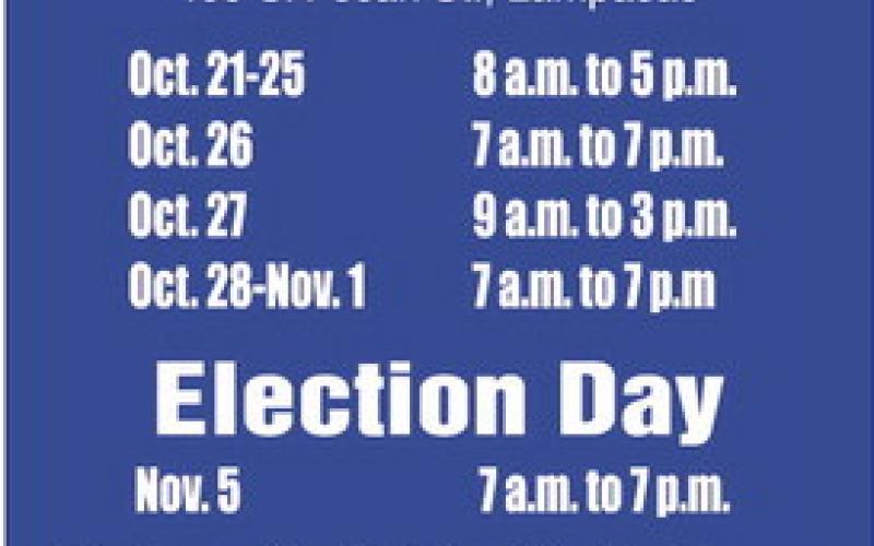 Early voting begins Monday for the Nov. 5 General Election. The county is offering weekend balloting on Oct. 26-27, as well as extended voting hours Oct. 28-Nov. 1. For a sample ballot that lists candidates up for election, see page 11. DISPATCH RECORD GRAPHIC