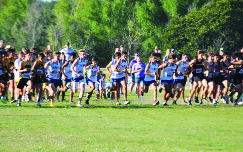 The boys’ cross country team takes off from the start line at the home meet last week. HUNTER KING | DISPATCH RECORD