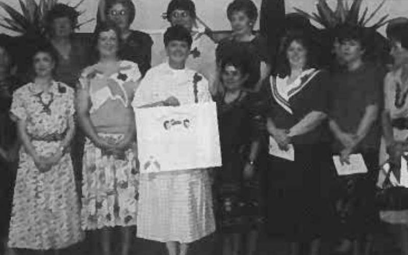 Among those at the April 13, 1991 DRT Charter Ceremony were, front row from left, Glynda Carpenter, Cindy Wright, Suzanne Keele, Diane Davis, Sydna Vineyard, Becky Haner, Tammy Mullins, Leona Hurst, Alice Rush and Sharon Smith; back row, Carol Wright, Carol Davis, June Davis, Charlene Nash, Janice Sims, Wilda Mullins, Evelyn Smith and Suzanne Rush. ORAN MILO ROBERTS CHAPTER ARCHIVES | LAMPASAS COUNTY TEXAS: ITS HISTORY AND ITS PEOPLE, VOL. II