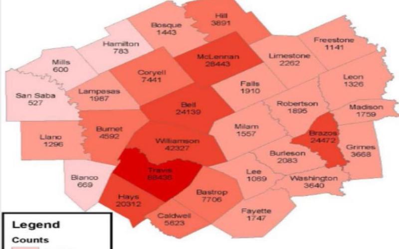 This map shows the total confirmed cases in each county tracing back to March 2020. TEXAS DEPARTMENT OF HEALTH AND HUMAN SERVICES
