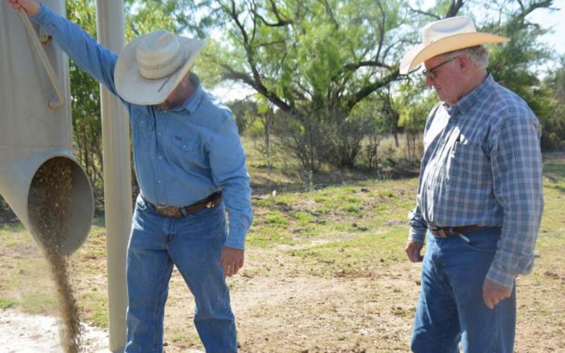 Reagan Edwards, left, along with his father, Mickey Edwards, pour out supplemental feed for their cattle. They have had to dip into this supply, as grass barely grows due to the drought conditions. MONIQUE BRAND | DISPATCH RECORD