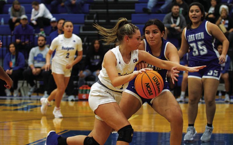 HUNTER KING | DISPATCH RECORD Abra White drives past a Lake View defender during the Lady Badgers’ win last Friday.
