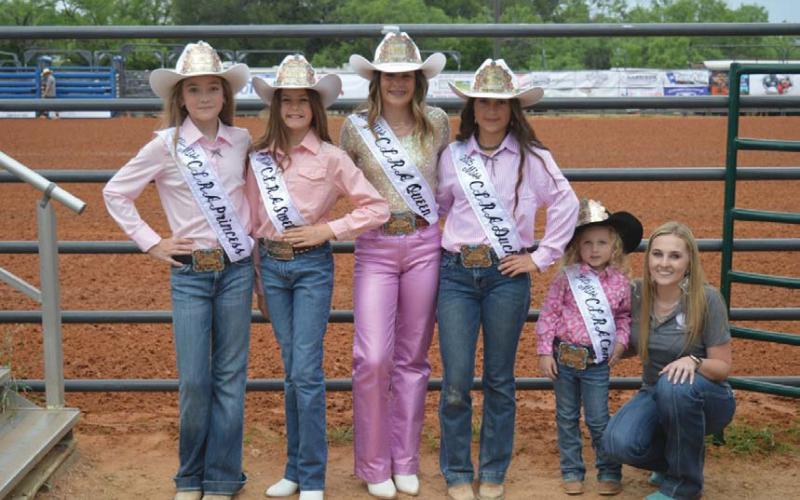 The 2025 County of Lampasas Rodeo Association Queen Court, from left to right, includes Princess Allie Urich, Sweetheart Aria Parks, Queen Hadyn Ferguson, Duchess Emma Easter and Contessa Riley Thompson, joined by her mother Alexis Thompson. ERICK MITCHELL | DISPATCH RECORD
