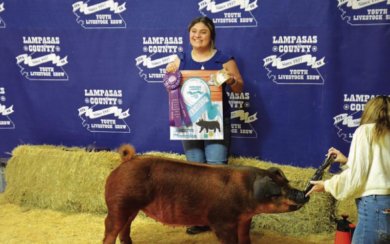 Ava Rojas had both the grand champion and reserve champion breeding gilt at the 2026 Lampasas County Youth Livestock Show. HUNTER KING | DISPATCH RECORD