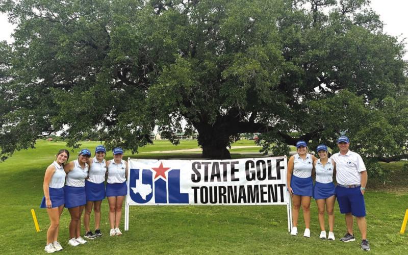 From left, Addison Jacks, Arianna Gonzalez, Paige Rutland, Jennifer Greiner, Avery Hopson, Kenlee Turner and Justin Schulze pose for a photo after the conclustion of the second round of the state tournament. COURTESY PHOTO | LAMPASAS ISD ATHLETICS