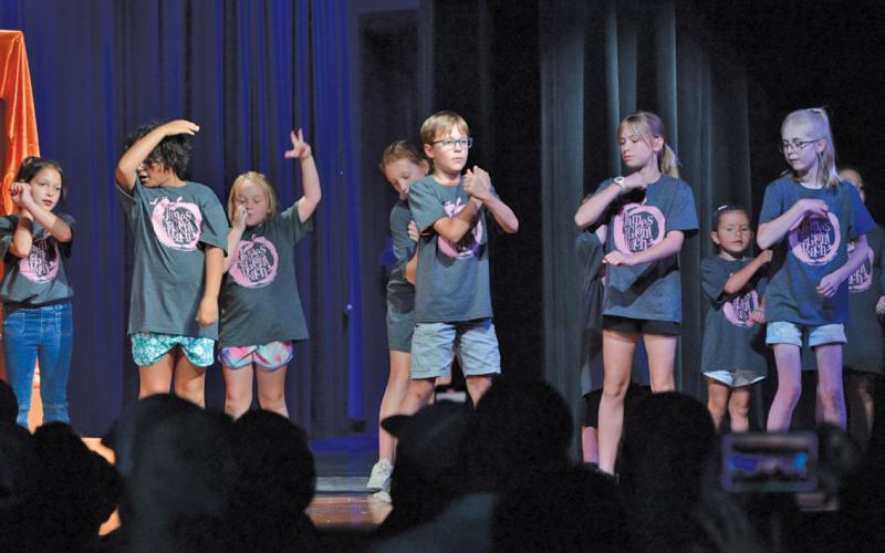 Ensemble members show off their moves during the performance of the musical “James and the Giant Peach” at the 2024 LIttle Badger Theatre Camp. More than 30 youngsters were involved in the production last year. This year’s campers will perform “Honk,” a variation of the ugly duckling story. File Photo