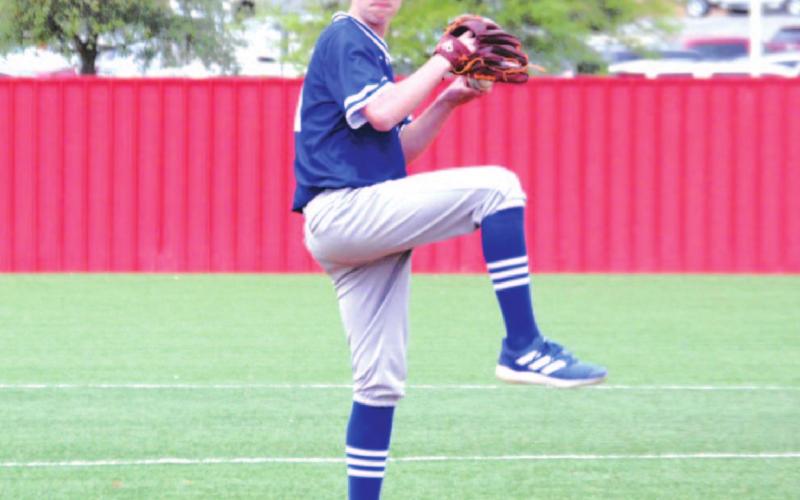 Jonas Andersen kicks to deliver a pitch in the second inning on Tuesday. HUNTER KING | DISPATCH RECORD