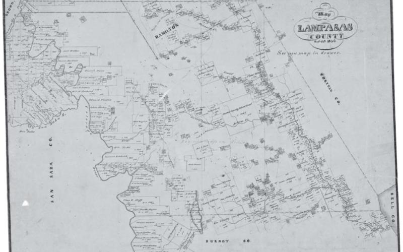 The 1859 Lampasas County land patent map. Obviously, the land surveyors were picking the land along the creeks and rivers first. Ten years later, there were no vacancies left. University of North texas - The Portal to Texas History