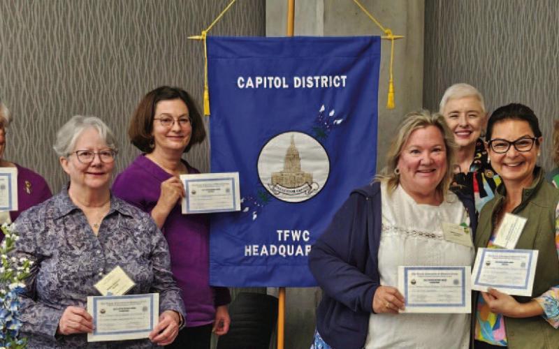 Pictured at the Capitol District GFWC Spring Convention in Round Rock are, from left to right, Margaret Oberender, Shanna Sibberson, Amy McDaniel, Juliann Chaney, incoming Texas President Barbara Harvey, Gulay Allison-Nart and Diane Davis. COURTESY PHOTO