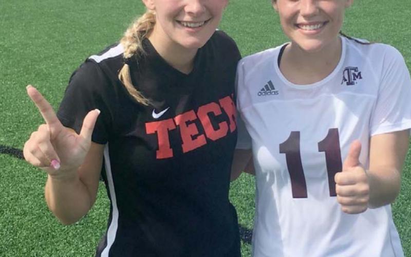 New Lampasas girls’ head soccer coach Emma Sharp, left, played and coached for the Texas Tech women’s club team, which reached nationals. Sharp, a Marble Falls graduate, is shown with Texas A&amp;amp;M player Macy Hoover, who also is a former Lady Mustang. COURTESY PHOTO