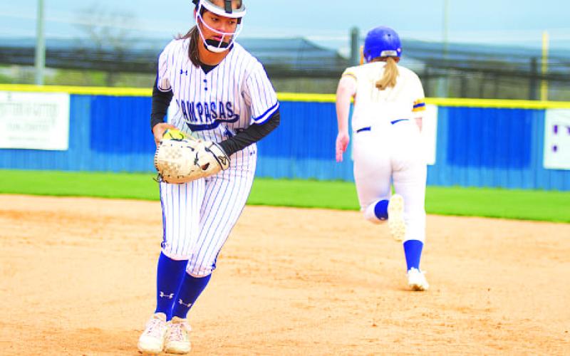 Madison Magilke trots to step on first base during Tuesday’s game against Lago Vista. HUNTER KING | DISPATCH RECORD