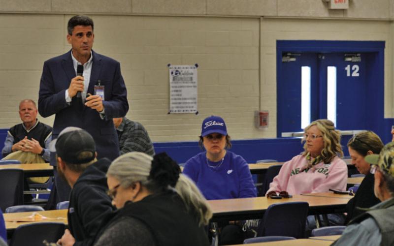 Superintendent Dr. Chane Rascoe offered a presentation Monday at the middle school to outline details of the three bond propositions that voters will consider in a May 2 election. ERICK MITCHELL | DISPATCH RECORD