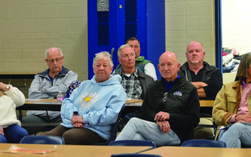 Among those who attended this week’s town hall meeting were several who represent Badgers for Better Schools, including former principal Joey McQueen (front row, third from left) who serves as treasurer for the political action committee and former assistant superintendent Nancy Yeary (at right) who is the group’s president. ERICK MITCHELL | DISPATCH RECORD