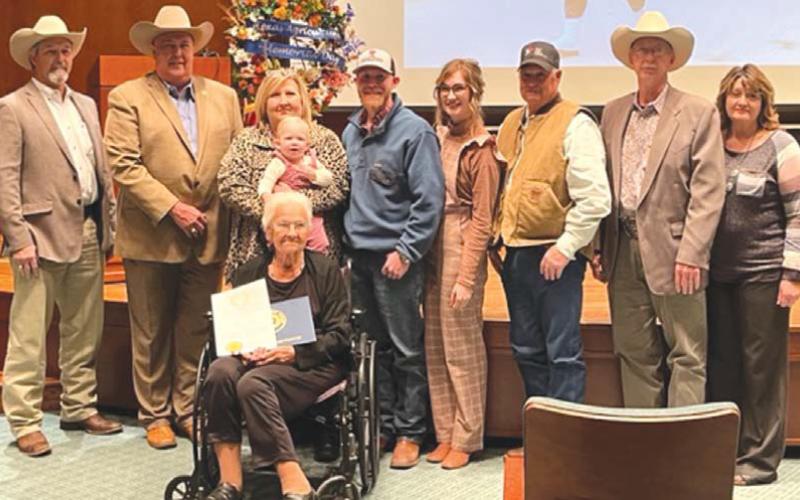 The family of W. Lee Vann was recognized at the Capitol in Austin for Vann’s devotion to his family, his work ethic, and his appreciation and support for agriculture. On hand to receive Vann’s lifetime service award were his wife, Faydell Vann, in front; and back row, from left, former Lampasas County AgriLife Extension Agent Curtis Thompson and family members Leslie Vann, Judy Vann Hail, Emmalen Phillips, Kleg Kennedy, Kirby Kennedy Phillips, Mike Hail, Joe Vann and Amy Vann. courtesy photo