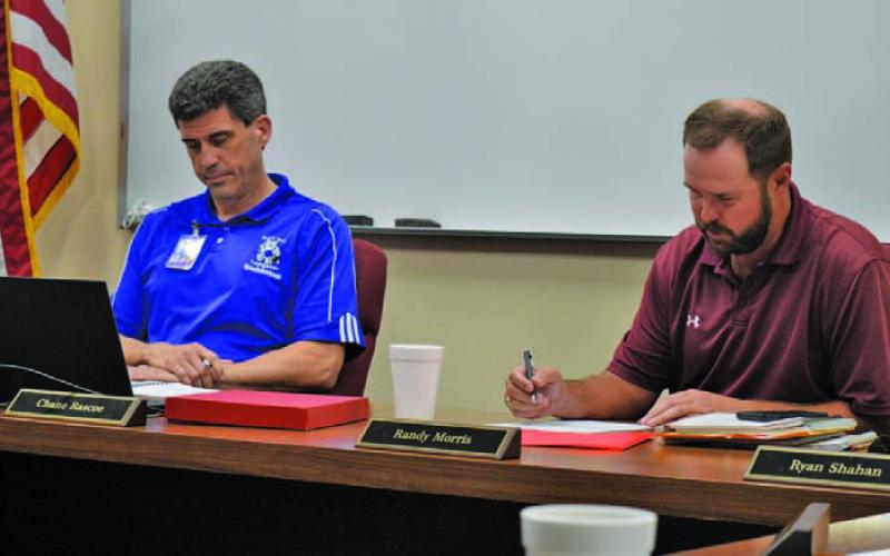 Superintendent Dr. Chane Rascoe, left, sits next to Ryan Shahan who was named the new president of the Lampasas ISD Board of Trustees. ERICK MITCHELL | DISPATCH DISPATCH