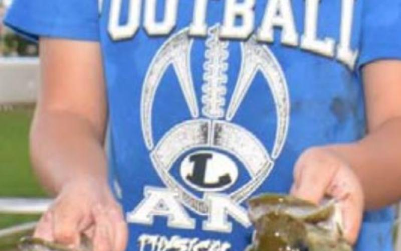 Fabian Luna holds a 14-inch bass and a 16-inch bass he caught on Friday as part of a free fishing event hosted by the city of Lampasas. DAVID LOWE | DISPATCH RECORD