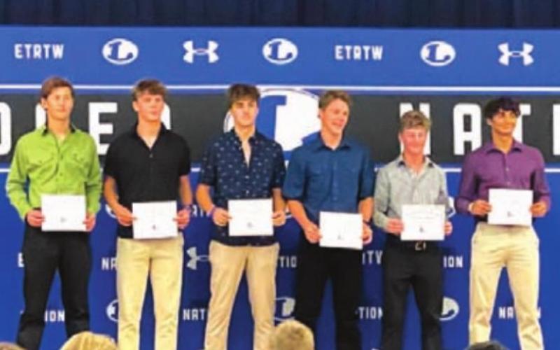 Ruger Miserlian, left, Thomas Swilley, Landon Richardson, Nathan Abken, Isaac Abken and Michael Clayton show off their certificates. COURTESY PHOTO