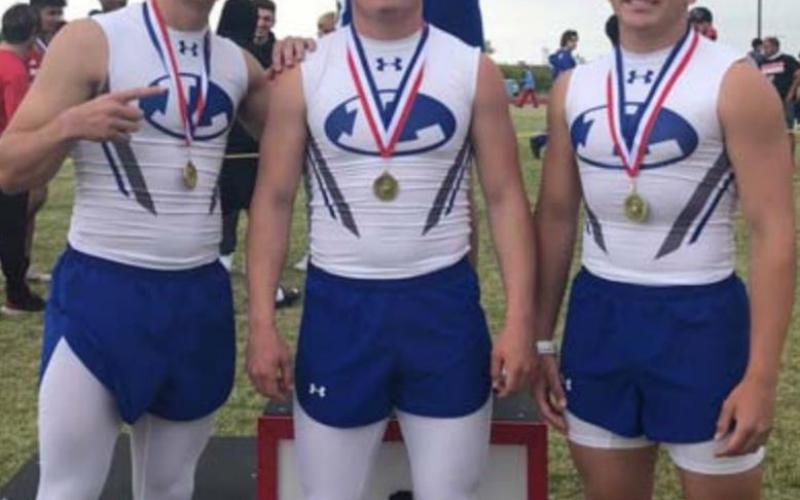 The Badgers’ first-place sprint relay team included, front row from left, Ace Whitehead, Case Brister, Dax Brookreson and (back row) Cade White. LAMPASAS ISD ATHLETICS FACEBOOK PAGE | COURTESY PHOTO