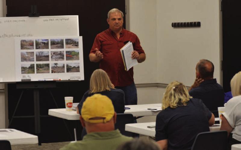 Robert Lansford, the city’s new aviation director, speaks to the Forward Lampasas group last week and describes what is needed at the Lampasas Municipal Airport in terms of expansion and improvements.
