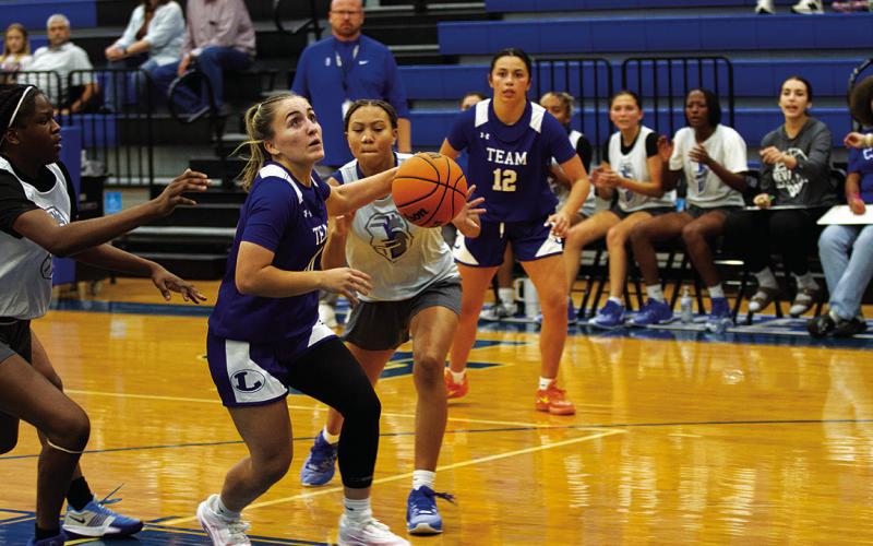 Payton Crawford navigates through traffic to score two points. HUNTER KING | DISPATCH RECORD
