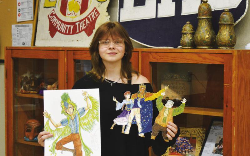 LHS sophomore Kayla Crowe reveals her costume designs for UIL’s Theatrical Design state competition. Unlike some competitors who use digital tools, Crowe’s designs are all old-school, hand-crafted items. ERICK MITCHELL | DISPATCH RECORD