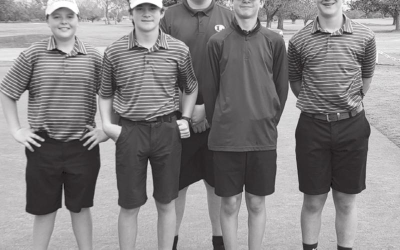 Lampasas Middle School golfers, left to right, Hagan Davis, Timber Goulson, Connor Alexander, Jax Pratus and Carter Toups teamed up for third place on Tuesday. DELANA TOUPS | COURTESY PHOTO