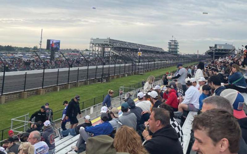 Erick mitchell | Dispatch Record Here is the view from our seats at the Indianapolis 500 a few hours before the green flag. If you look closely, you can see the Goodyear blimp in the clouds.