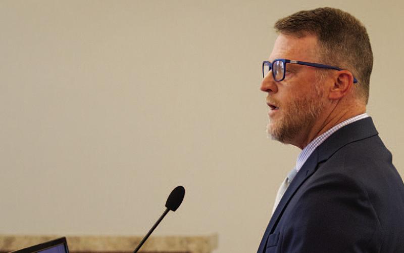Assistant City Manager Ryan Ward leads the budget discussion with council members on Monday night. Talks will continue Monday, when a budget workshop is set for 5:30 p.m. HUNTER KING | DISPATCH RECORD