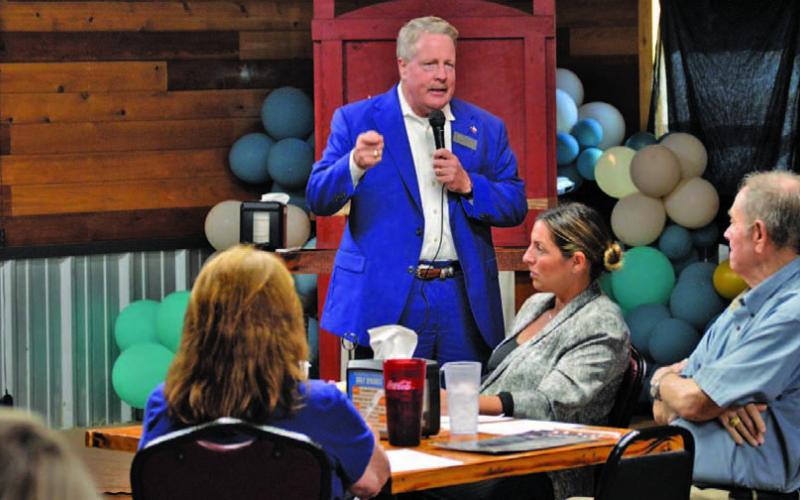 State Board of Education member Tom Maynard (R-Florence) addressed those in attendance at last Thursday’s Lampasas County Republican Party gathering at Putters &amp;amp; Gutters. ERICK MITCHELL | DISPATCH RECORD