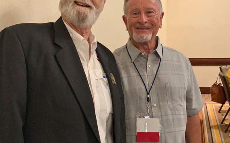 Charles Edwards, right, was inducted into the Agriculture Teachers Association of Texas Hall of Fame on July 26. He is pictured here with 2021 Hall of Fame inductee Dr. Steven “Doc” Forsythe at the honors reception. COURTESY PHOTO