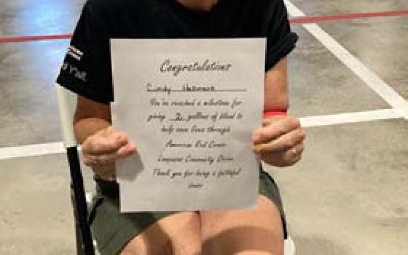 Cindy Hallmark reached a milestone last week of 2 gallons of blood donated through the American Red Cross Community Blood Drive. courtesy photo