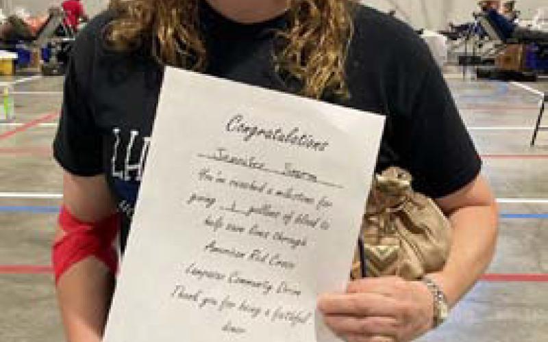 Jennifer Storm achieved the 1-gallon donation milestone with last week’s gift at the Red Cross Blood Drive in Lampasas. Courtesy photo