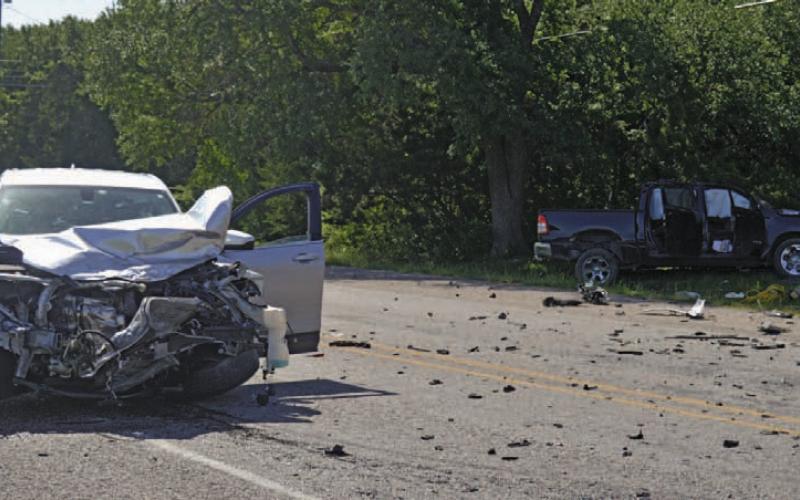 At left sits the remains of a 2018 Chevy Equinox that collided with a 2021 Dodge Ram on Friday at the intersection of FM 2808 and County Road 4700. ERICK MITCHELL | DISPATCH RECORD