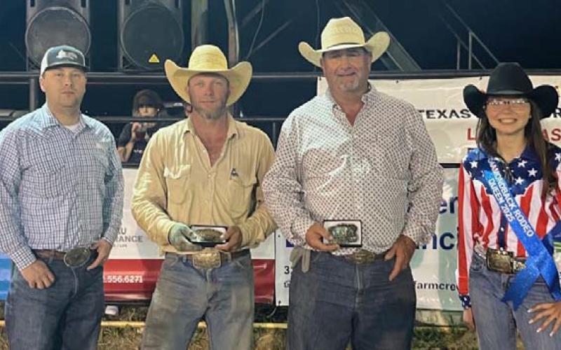 TERRI HARRIS | COURTESY PHOTO The 12th annual Rattler Lampasas County Roping competition was sponsored by Capital Farm Credit. Pictured with Vance Bauer, left, of Capital Farm Credit are San Saba winners Morgan Gilger, header, and Stacy Person. With them is the 2025 Miss Diamondback Jubilee Rodeo Queen Aerin Gardner.