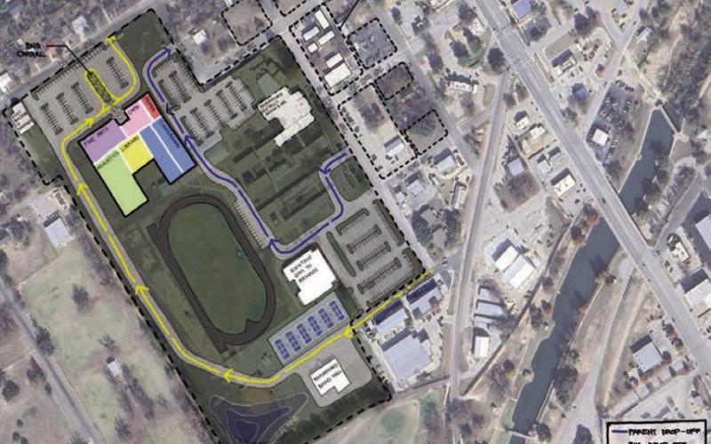 This option for the Lampasas Middle School campus originally was presented by WRA Architects in October. School board member Sam Walker has proposed retaining the “H”-shaped building configuration shown at top left, but moving the structure to the south side of the school property to connect with Bozarth-Fowler Gymnasium. The middle school track and football field would be relocated to the north portion of the school property. COURTESY GRAPHIC | WRA ARCHITECTS