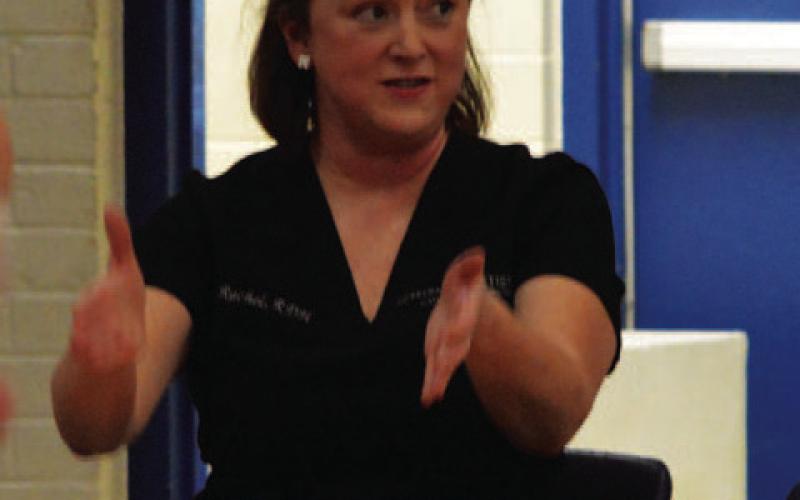 Rachel Gill, a band parent and member of the Badgers for Better Schools committee, speaks at Monday’s town hall to address the needs outlined in the Lampasas ISD bond package. Early voting for the May 2 bond election begins April 20. ERICK MITCHELL | DISPATCH RECORD