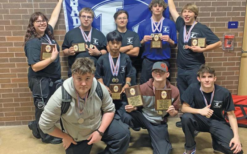Pictured are Fire and EMT students who competed at regional competitions. They include, back row left to right, Wren Garner, Joseph Walden, Ben Brown, Justin Matous and Gunner Rhymes; in middle, JD Oneda; and front row, Gabe Stembridge, Tony Carey and Peyton Sutherland. erick mitchell | dispatch record