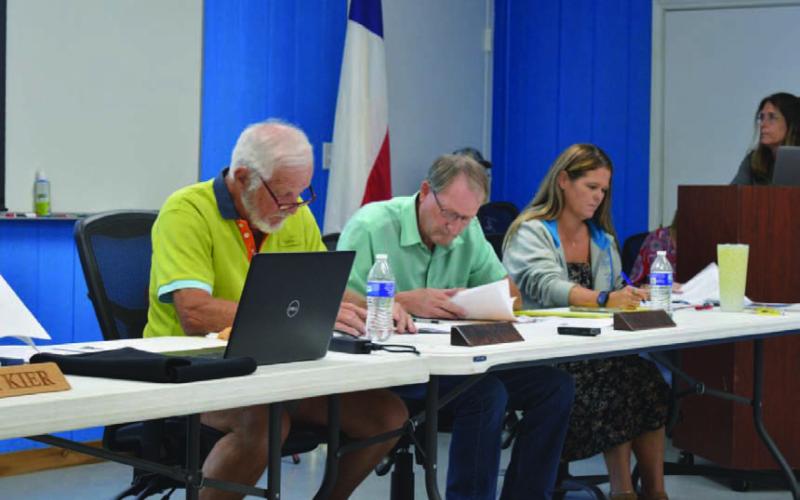 Kempner Water Supply Corp. Board Secretary Dan Christy, left, General Manager Bruce Sorenson and Chief Financial Officer Stacy Ellis look over notes in last week’s meeting. Board members will need to consider the purchase of a breaker for a generator to be compliant with Texas Commission on Environmental Quality requirements. ERICK MITCHELL | DISPATCH RECORD