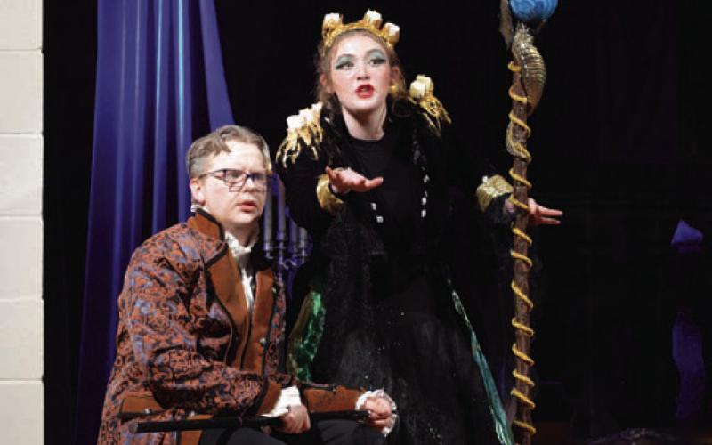 Zachary Thorne, cast as “Pridamant,” and Elaina Hepting in the role of “Alcandre the sorceress” perform a scene from “The Illusion” by Tony Kushner during Monday’s One-Act Play performance for the public. ERICK MITCHELL | DISPATCH RECORD