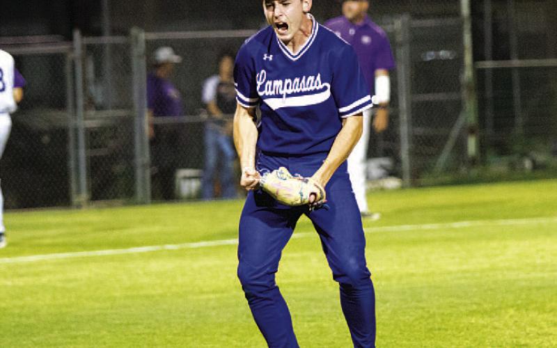 HUNTER KING | DISPATCH RECORD J.T. Posten yells as he celebrates a strikeout late in Friday’s win over Marble Falls.
